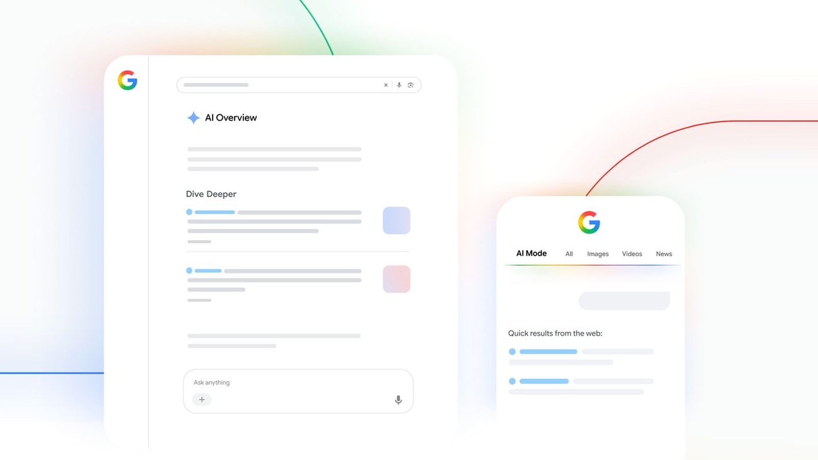 Google's illustration of an AI Overview with a "Dive deeper" links section on desktop, and AI Mode on a phone.